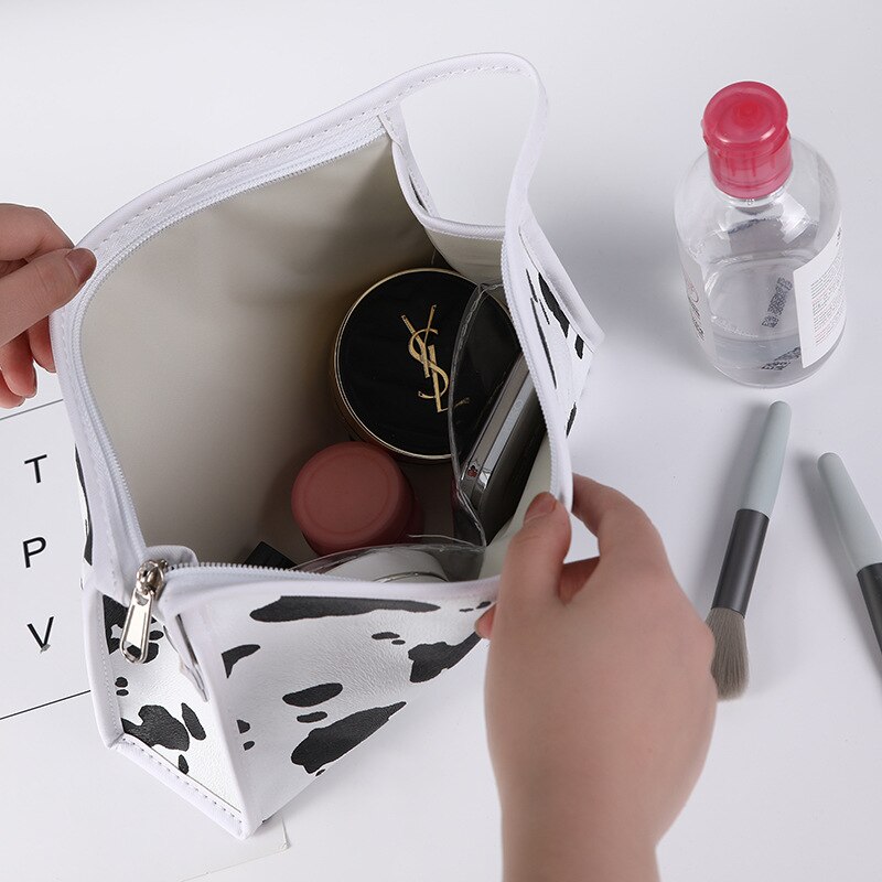 Borsa cosmetica portatile da donna in mucca PU articoli da toeletta impermeabili multifunzione organizzare borse da viaggio per trucco femminile