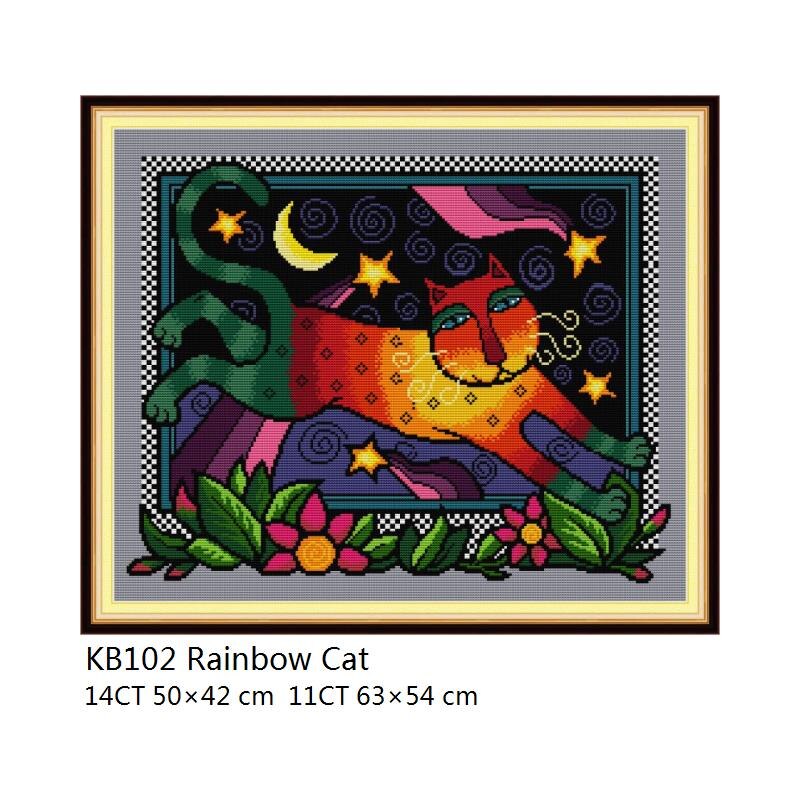 Rainbow Cat Counted Cross Stitch Patterns DMC Embroidery Kits 14CT 11CT Stamped Cross Stitch Kits Printed Fabric DIY Needlework: 14CT Printed Cloth