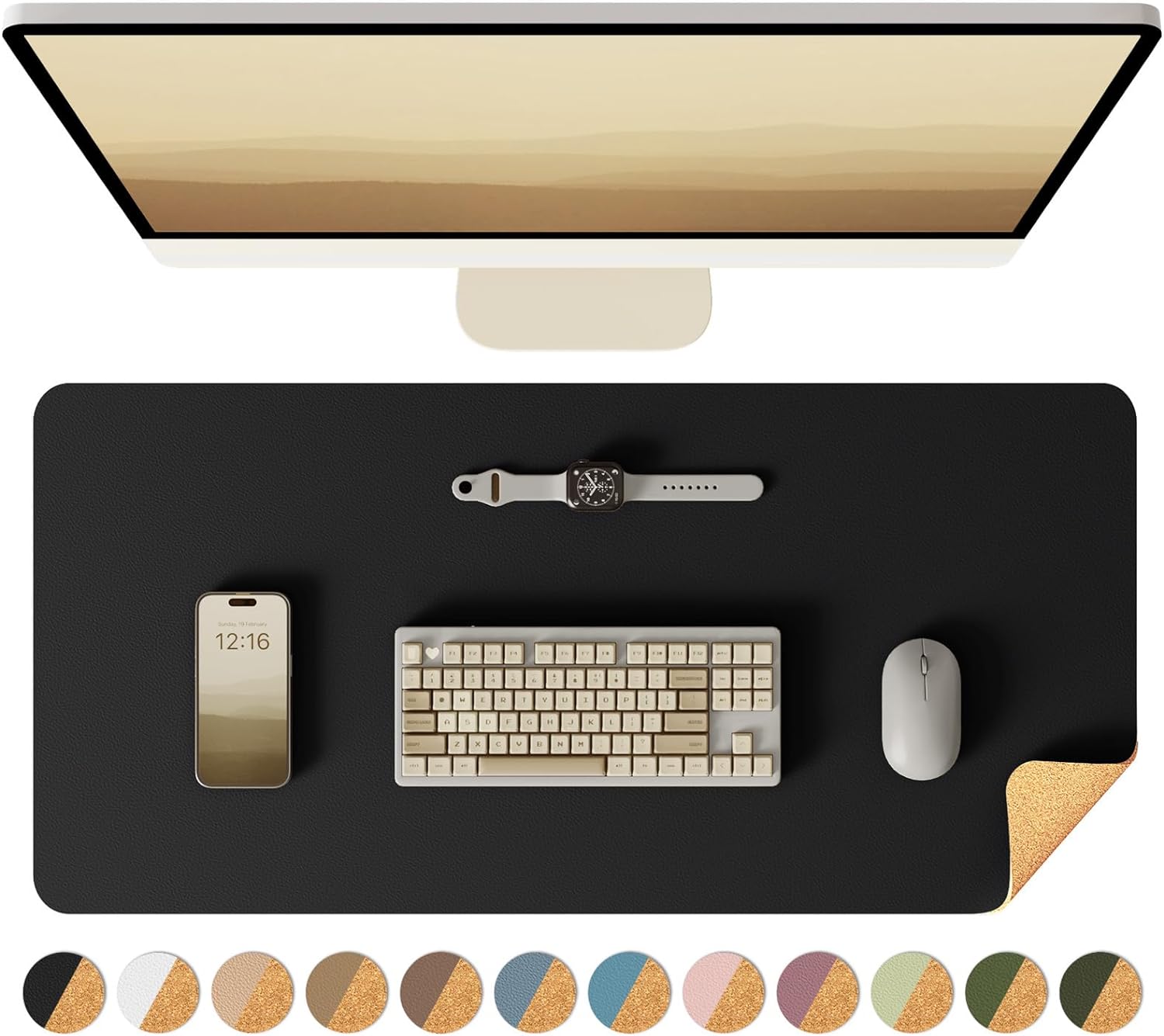 Dubbelzijdig bureauonderlegger, lederen bureaumat, eco kurk bureauonderlegger, grote muismat, waterdichte bureaulipotter voor kantoor/thuis: 80x40 cm / Black