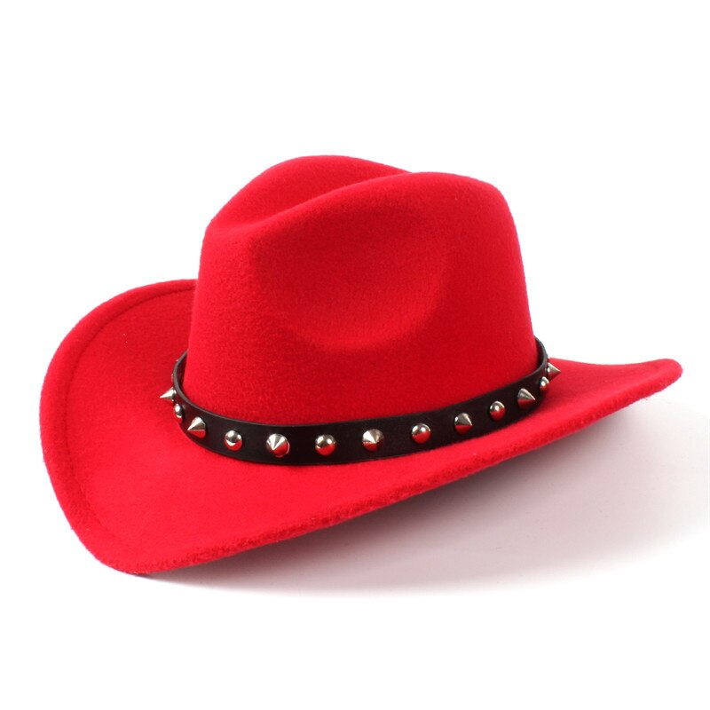 Damer uldfilt vestlig cowboyhue med sammenrullet bred kant gentleman lady jazz cowgirl punk nittebælte sombrero caps  c18: Rød