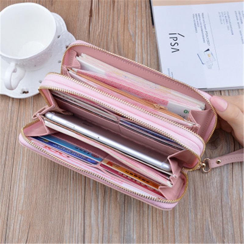 Dames lange handtas met rits, koreaanse versie, gesplitst, contrasterende kleur, grote capaciteit, dubbele portemonnee, mobiele telefoontas