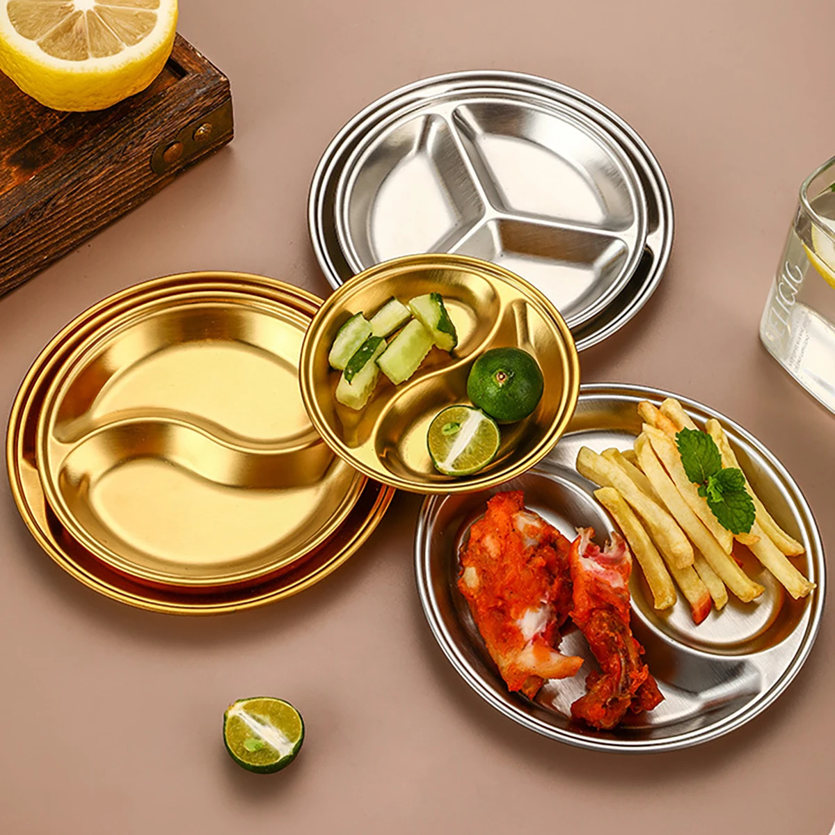 2pcs/set Korean Style Barbecue Dipping Dish Stainless Steel Circular Grid Plate Thickened Golden Sauce Dish Snack Plate