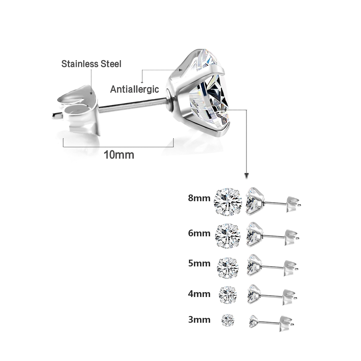 LUXUSTEEL 2Pcs Men's Crystal Zircon Studs Earrings For Women 316L Stainless Steel Cartilage Piercing Ear Anti Allergic 3-8mm