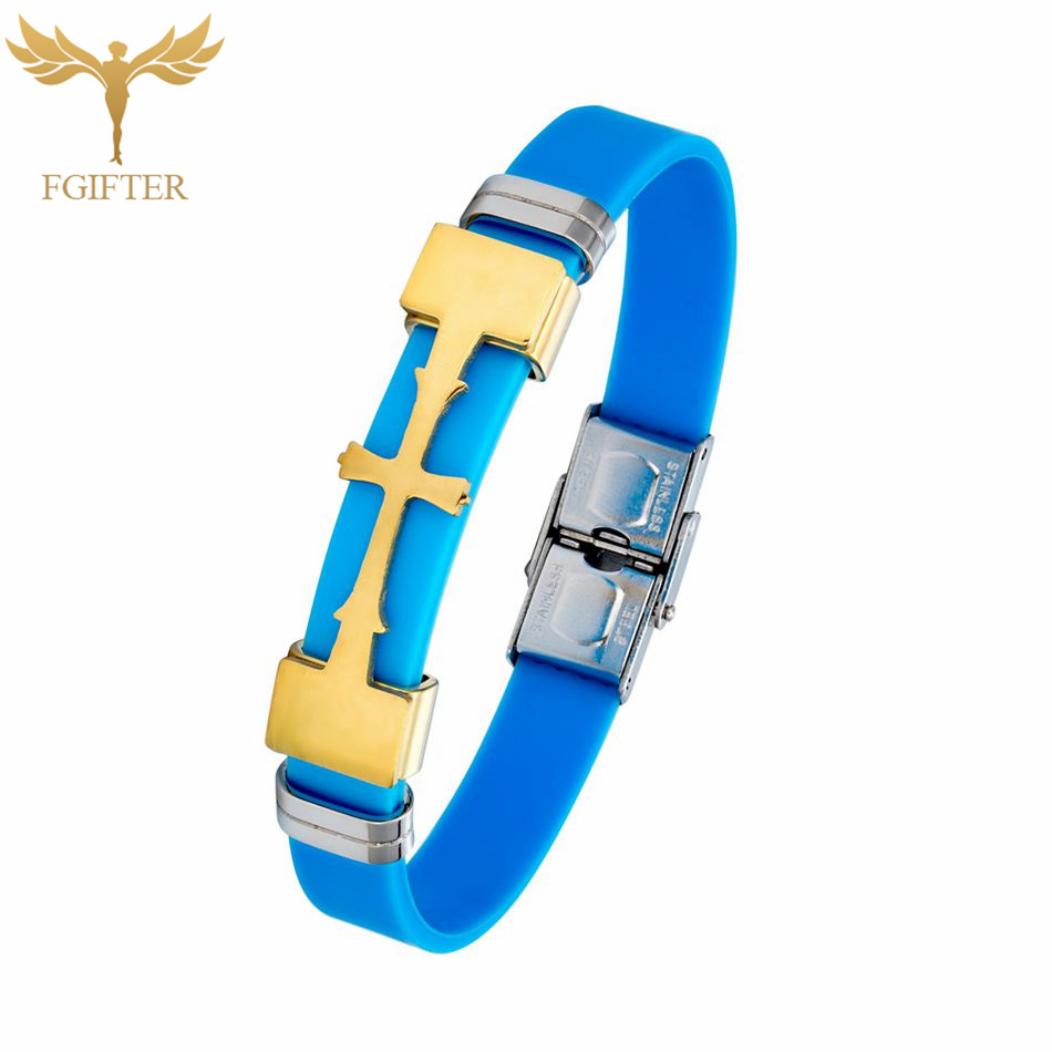 Guldfarvet rustfrit stål kors symbol tilbehør armbånd flere farver gummi armbånd kristen religion smykker
