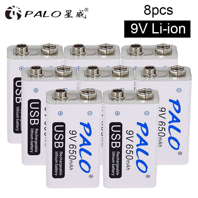PALO 6f22 9v Rechargeable Battery Lithium 9V Usb Battery for Microphone Multimeter: 8Pcs 9v
