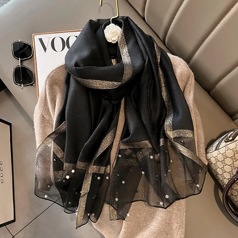 2024 marca de luxo moda feminina cachecol liso seda linho xales verão senhora bandanas foulard hijab: Preto