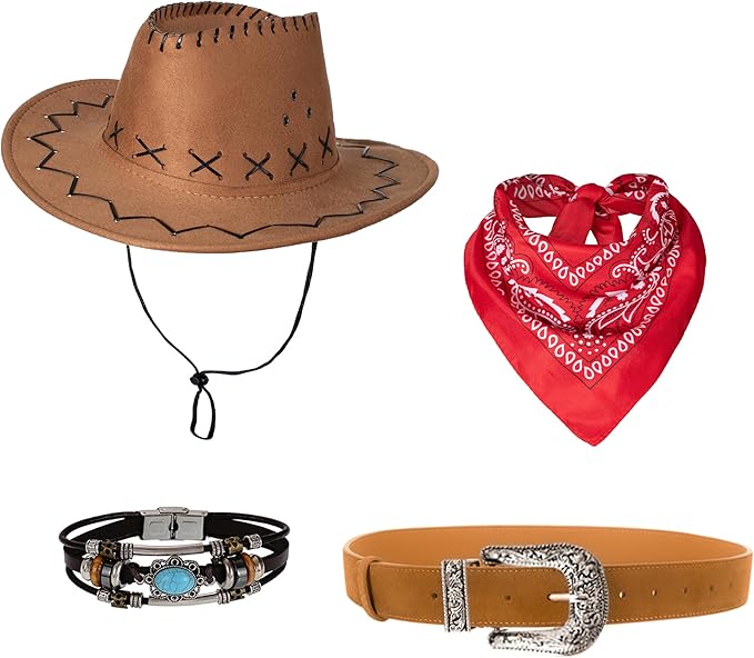 Frauen Männer Cowgirl Kostüm Western Weste Hut Gürtel Bandana Set für Cowboy Quasten Fransen Weste Halloween Outfits Wild West Cosplay