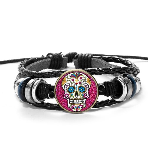 SIAN Sugar Skull Mexico Folk Art Patterns Bracelet Multilayer Braided PU Leather Bracelet Men Women Day of The Dead Special: Style 1