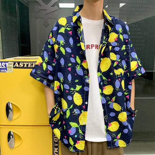 Herre skjorter pluss størrelse 3xl frukt trykt løs sommer halvermet skjorte herre Strand tenåringetone alle-kamp bf tynt yttertøy harajuku retro: Blå / Xxxl