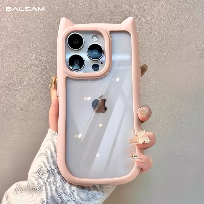 Cartoon 3D Cute Cat Ears Silicone Bumper Shockproof Phone Case For iPhone 15 14 13 12 Pro Max 11 Transparent Acrylic Hard Cover