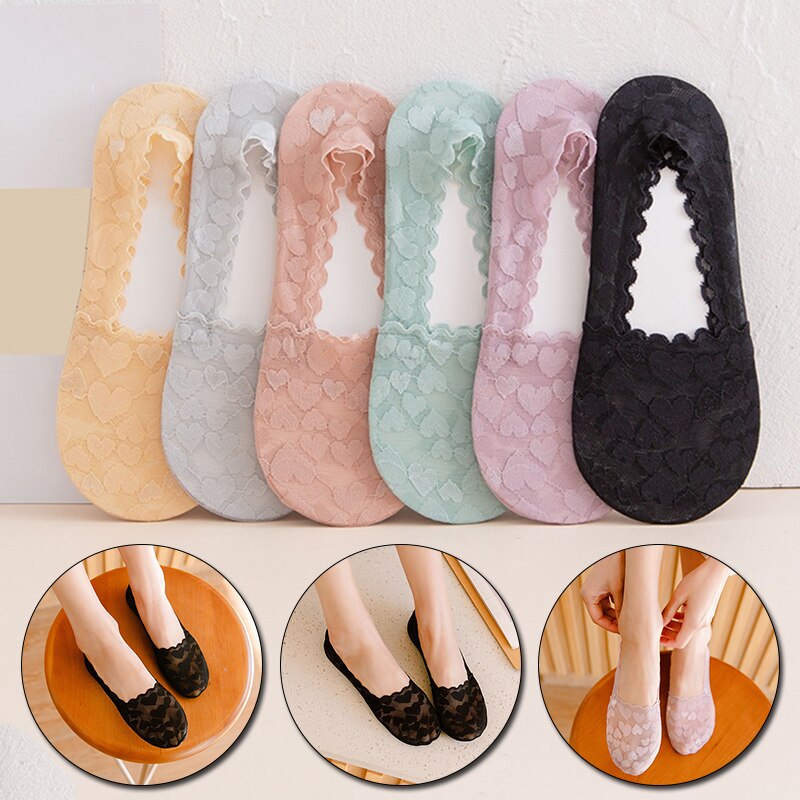 Calcetines tobilleros invisibles sin costuras para mujer y niña, medias tobilleras de encaje con forma de corazón, 1 par