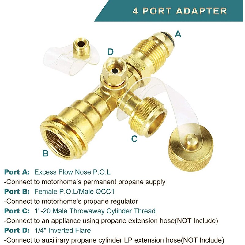4 Port Propane Tee Adapter, Propane Cylinder Brass Tee Adapter Fitting for Motorhomes Tank RV Camping