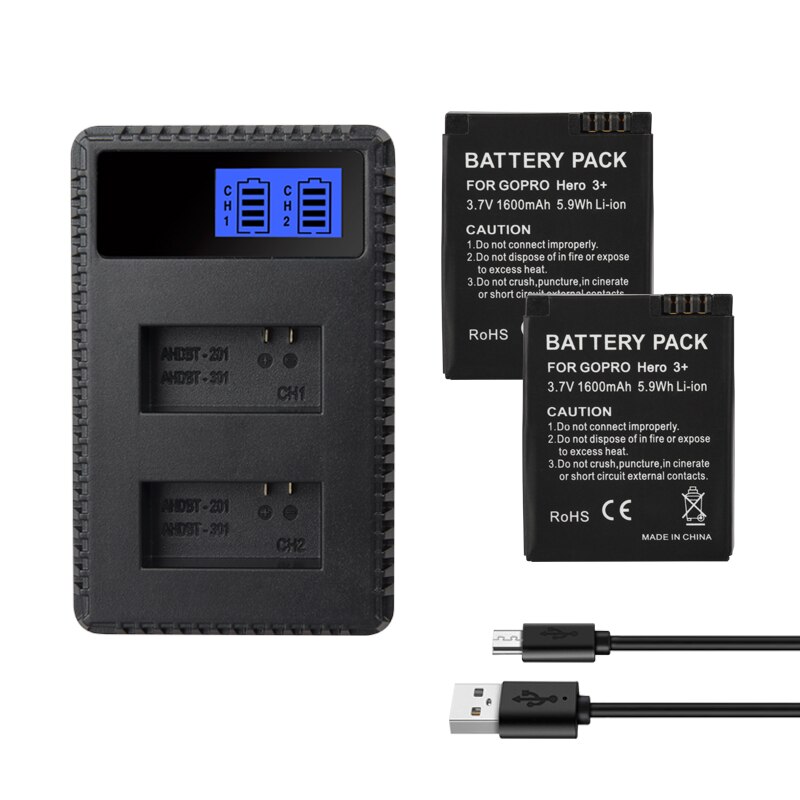 Batería Para GoPro 2 3 HERO3 HERO3 + Hero 2 AHBBP-301 AHDBT 201 AHDBT 301 AHDBT 302 1600mah cargador de baterías de la cámara: 1Charger 2Battery