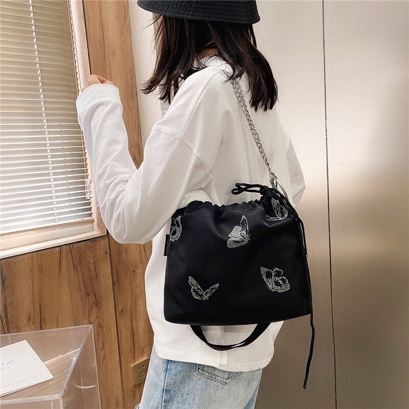 Leuchtende schmetterlings-umhängetasche, damen-schultertasche mit kordelzug, Nylon-freizeithandtasche