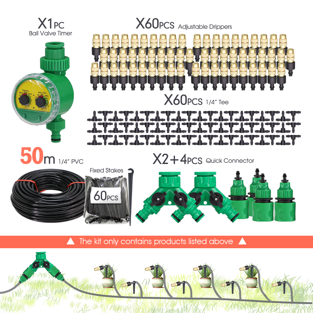 10-50M Tuinirrigatiesysteem 1/4 '' Automatische druppelbewatering Messing Vernevelingsspray 2-IN-1 Huis voor Balcory Yard Kasboerderij