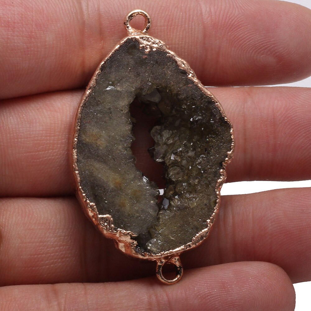 Conectores de colgante de ágatas Druzy Natural, conectores de doble agujero chapados en oro Irregular para fabricación de joyas DIY: Coffee Color / 40-45mm