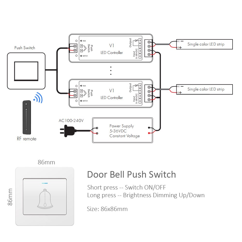 12v led lysdæmper pwm trådløs  rf 2.4g touch fjernbetjening 12v 5v 24v 36v 8a lysdæmper kontakt til enkelt farve led strip lys
