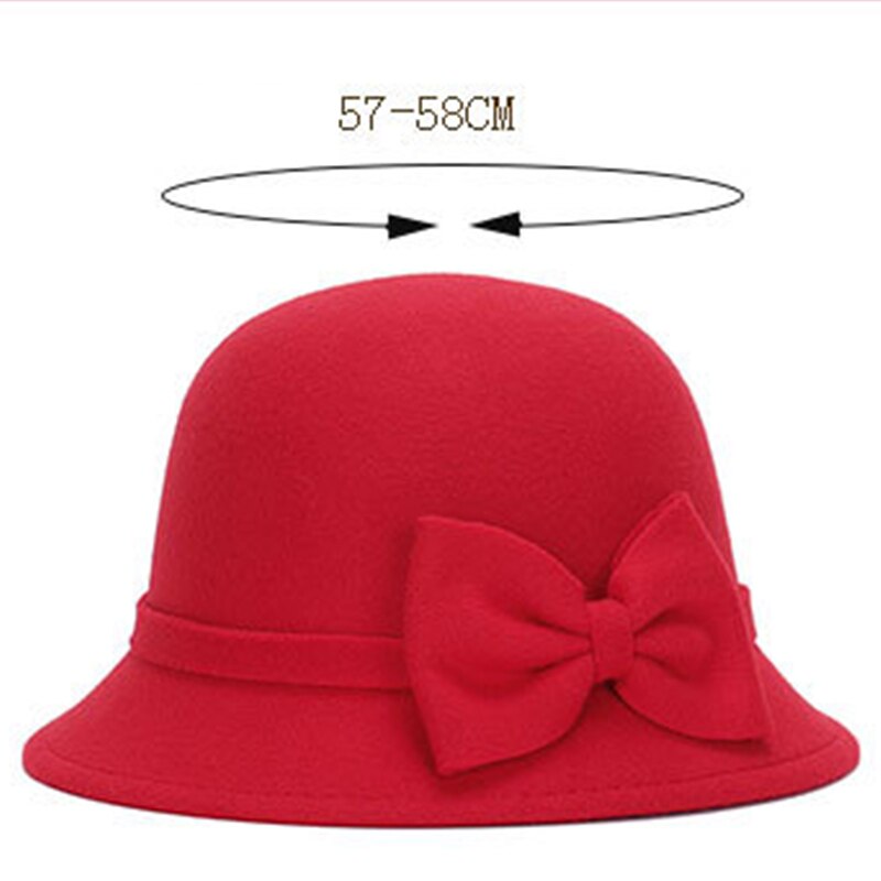 Herbst Winter Frauen Hütte Solide Wolle Filz Kuppel Fedoras Hüte Jahrgang Bogen Eimer Hütte Damen Kappe chapeau femme шляпа