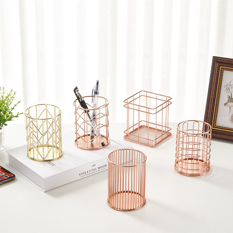Office Desk Table Mesh Square Pencil Pot Cup Case Container Organizer Rose Gold Metal Pen Holder Home School Storage Basket