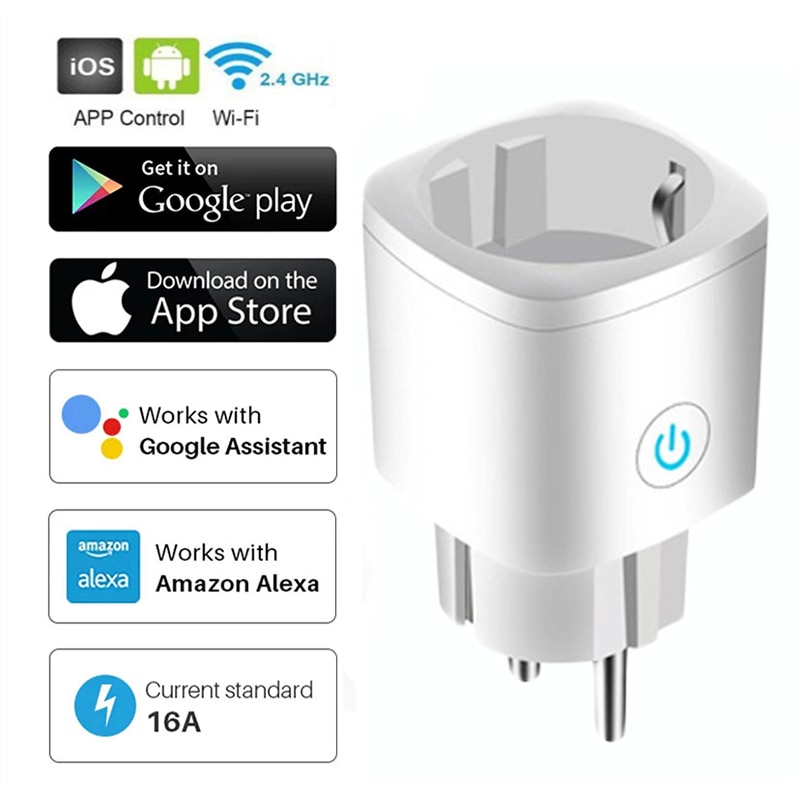 16A WiFi Smart Plug EU Adaptor 110-240V Wireless Remote Voice Control Energy Monitor Outlet Timer Socket For Alexa Google Home