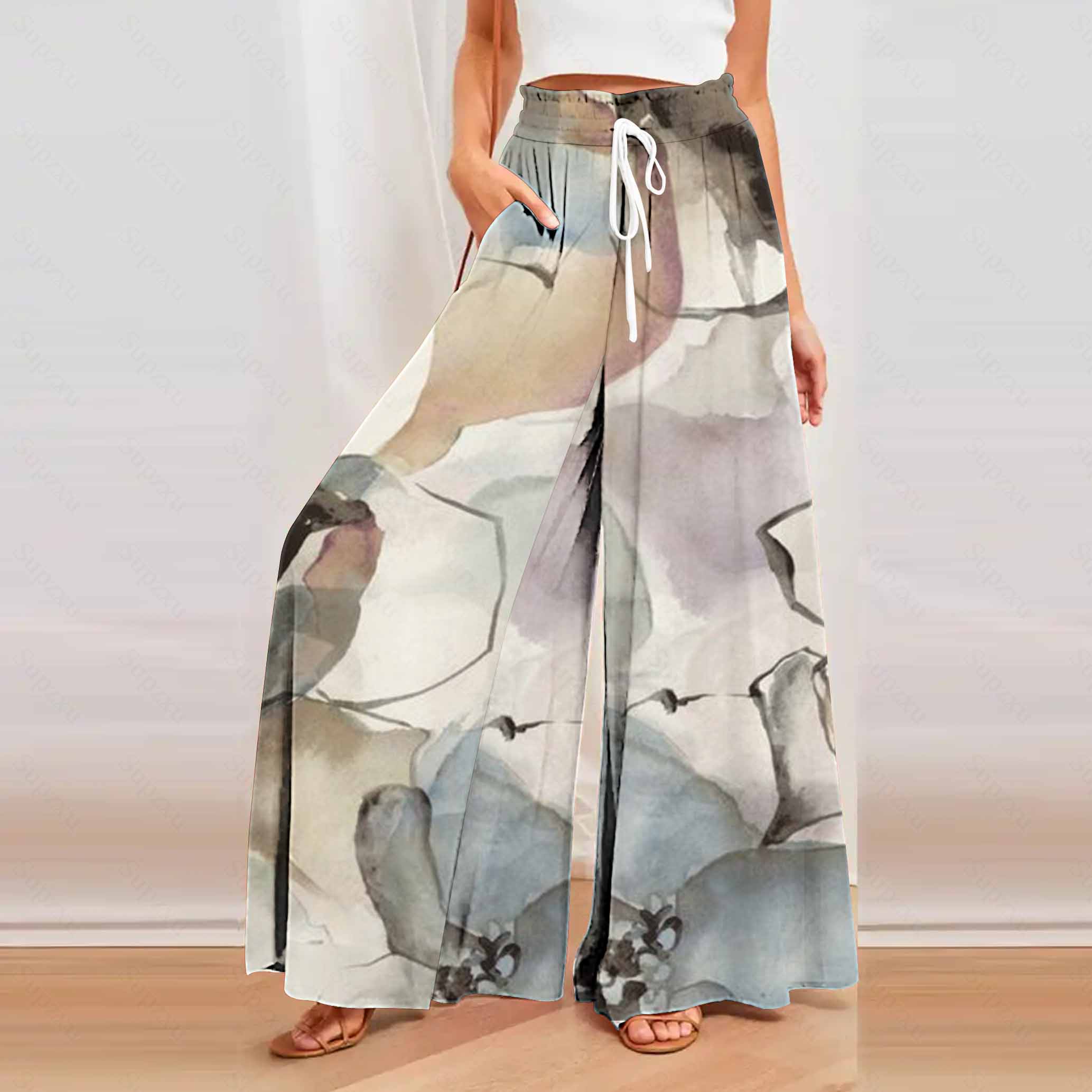 Women's Wide Leg Trousers ZANZEA Kaftan Printed Pants Elastic Waist Long Pantalon Palazzo Casual Floral Turnip Oversized: L / black