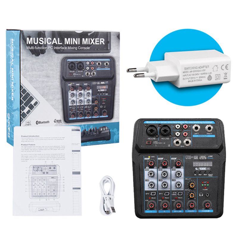 4Channel Digital Mixer Console with Bluetooth USB 48V Phantom Power for DJ