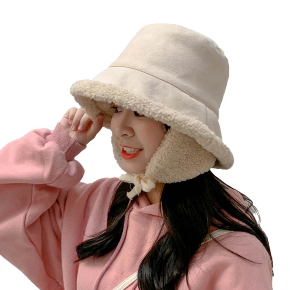 Women Hat Ear Flap Lace Up Bucket Hat Wide Brim Women Solid Color Cashmere Lined Fisherman Cap for Autumn Winter: Beige
