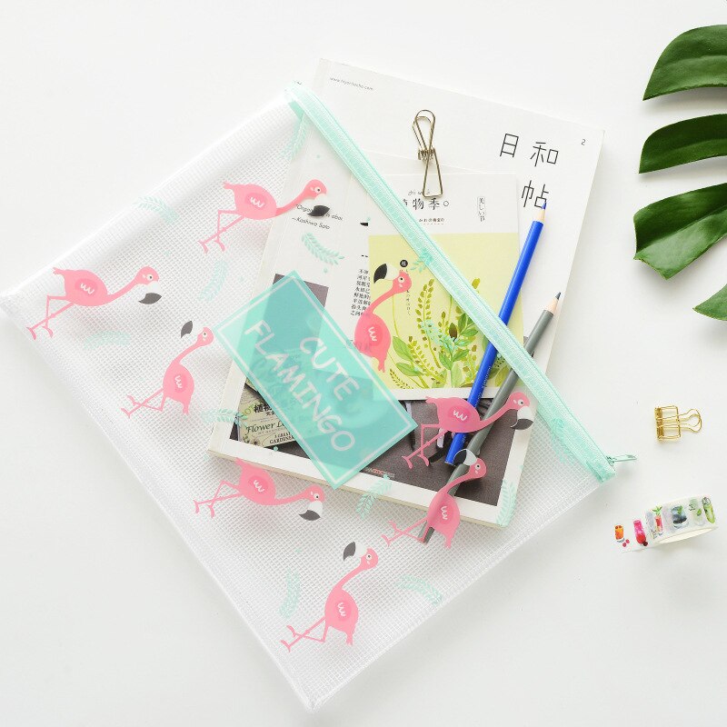 Nice File Folder Cute Flamingo Bird Green Cactus A4 File Bag Mesh Bag Document Bag PP File Folder Stationery Filing Production