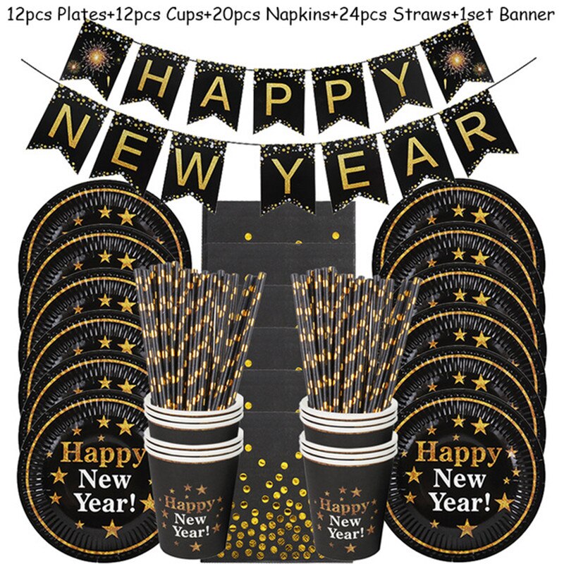 69 stuks wegwerpservies voor een happy year-feest, feestbenodigdheden, papieren banners, borden, bekers, kerstavond: Stijl een