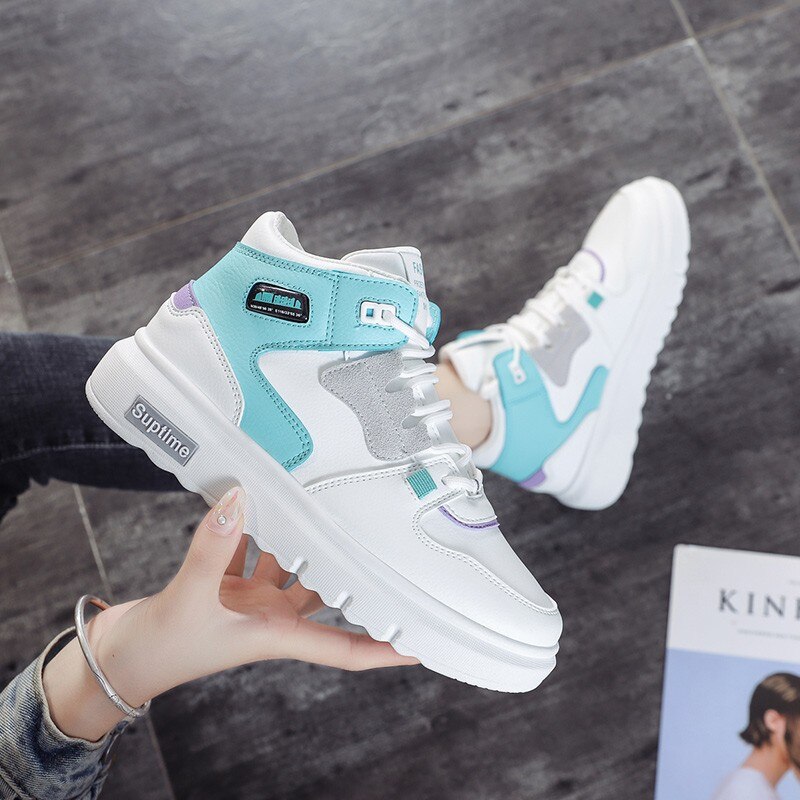 Women Platform Sneakers Korean PU Leather Trainers Womens Chunky Sneakers Tenis Female Spring Lace Up Casual Shoes