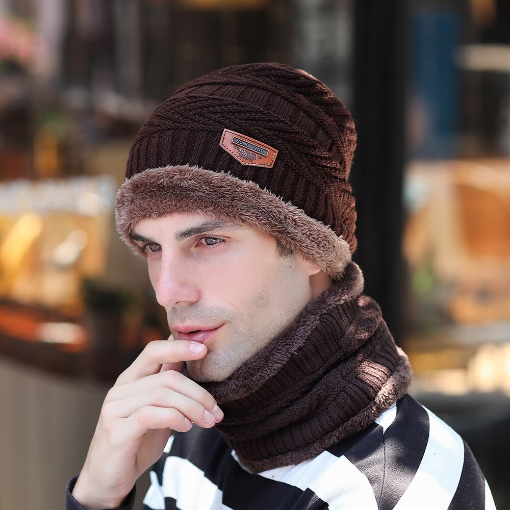 2 stücke Hütte Und Schal Kombination Winter männer Gestrickte Baseball Kappe Plus Samt Gepolsterte Lätzchen Schal Winddicht Und Warme Ich bin freien Warme: coffe