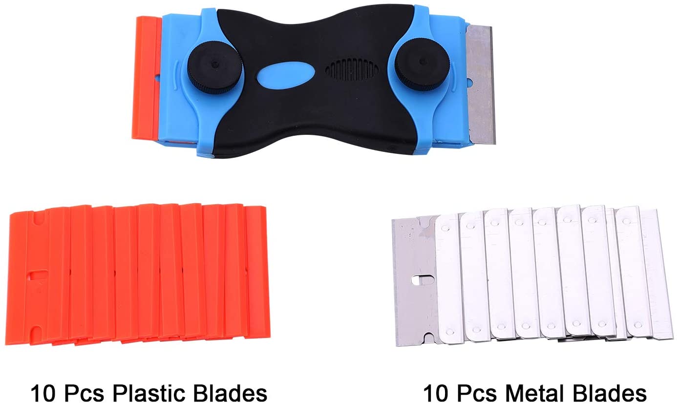 Scraper and putty knife set, 2 in 1 scraper tool with 10 plastic blades and 10 metal blades and 3 scrapers for wallpaper