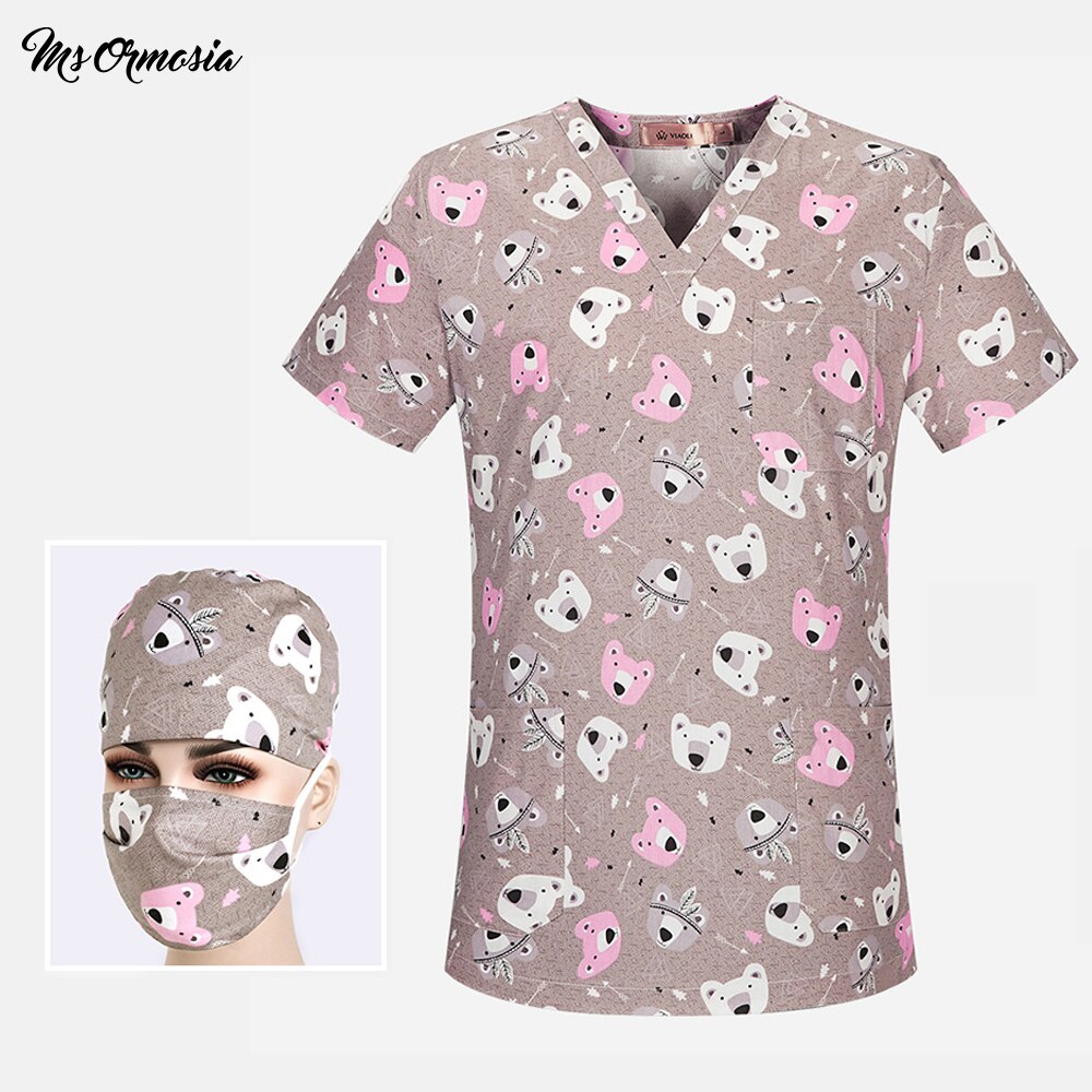 breathable cartoon printing nursing scrub unisex dental care uniform workwear shirt cotton workwear top + hat
