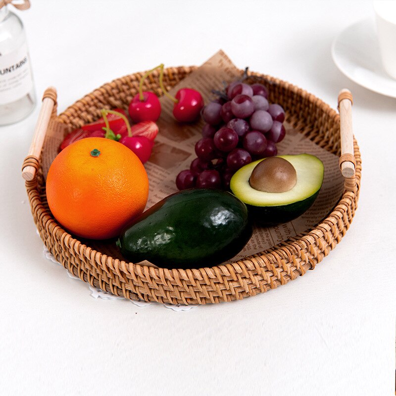 Handmade woven Storage Basket Rattan Storage Tray Wicker Basket Bread Fruit Food Breakfast Picnic Basket Kitchen Storage Basket