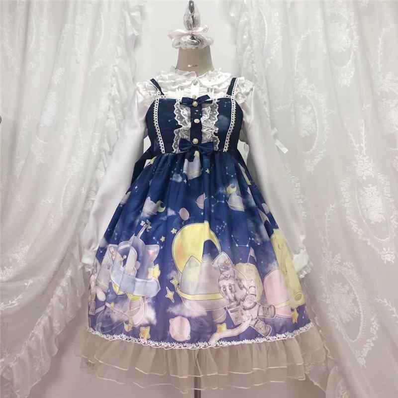 Lolita Kawaii Suspenders Dress Vintage Gothic Jsk Princess Girl Dress Gradient Sky Print High Waist Bowknot Lace Ruffle Sweet: Only JSK Dress 1