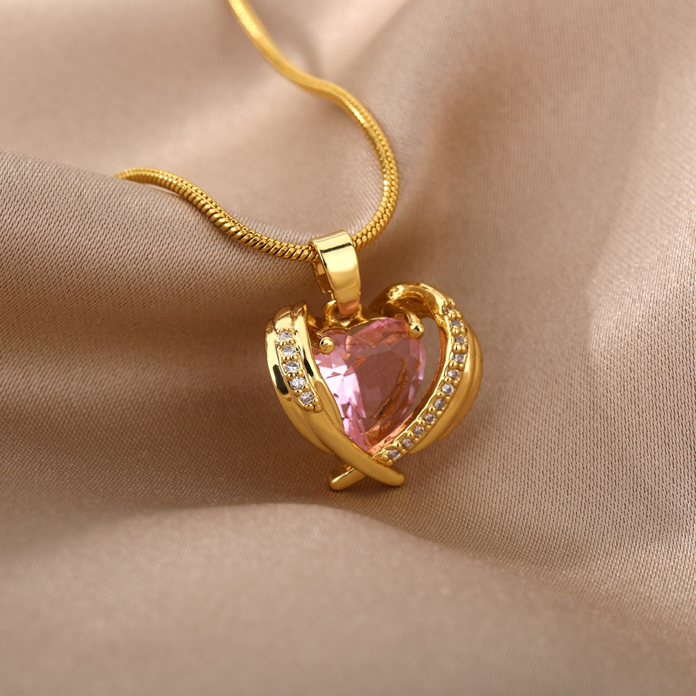 Niedliche rosa halskette mit herzanhänger aus kristall für damen, edelstahl, goldene choker-kette, einteiliges schmuckstück für partys