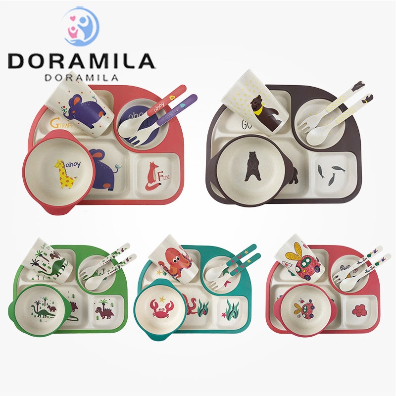 5pc /  set baby mattallrik ätbar bambu fiber utskrift barn servis set hög temperatur resistent baby tallrik