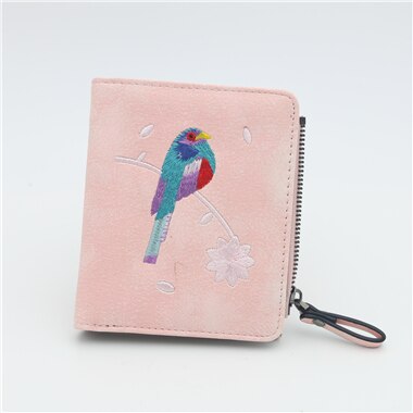 Wallet Women Bird Embroidery Portefeuille Femme Zipper Hasp Short Purse Leather Card Holder Green Blue Pink Black Women Wallets: Type E pink