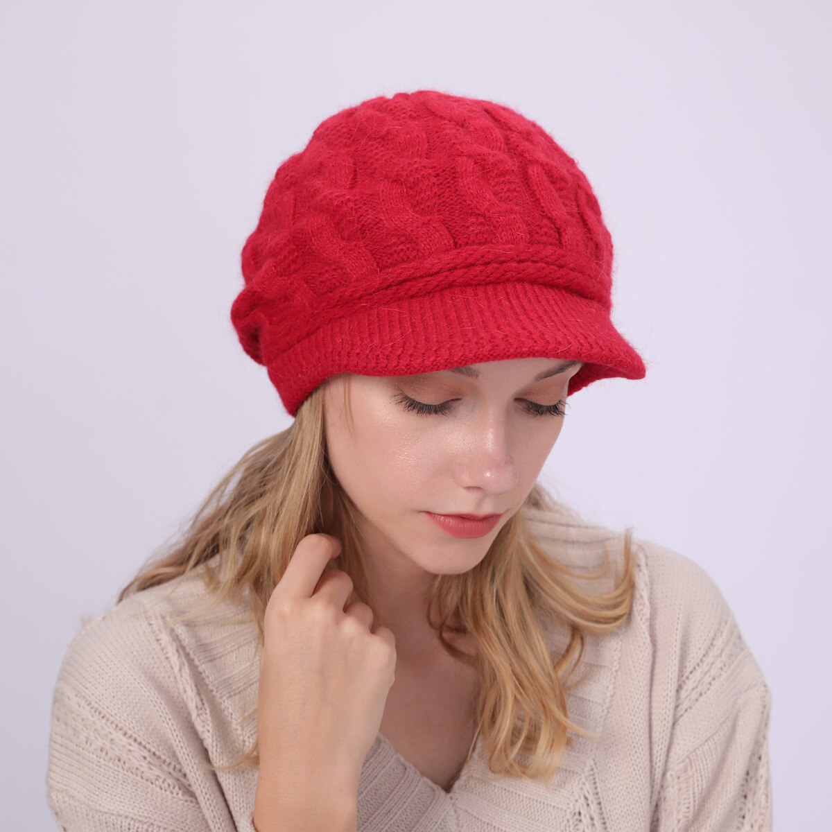 Autumn Winter Women Warm Beret Hats Knitted Berets Female Plush Beanies Hat Outdoor Lady Rabbit Wool Knit Flap Caps: Red