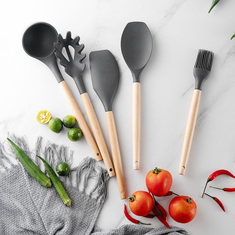 Kitchen utensils cooking set household full set of kitchen utensils 11 piece set of silicone kitchenware with wooden handle