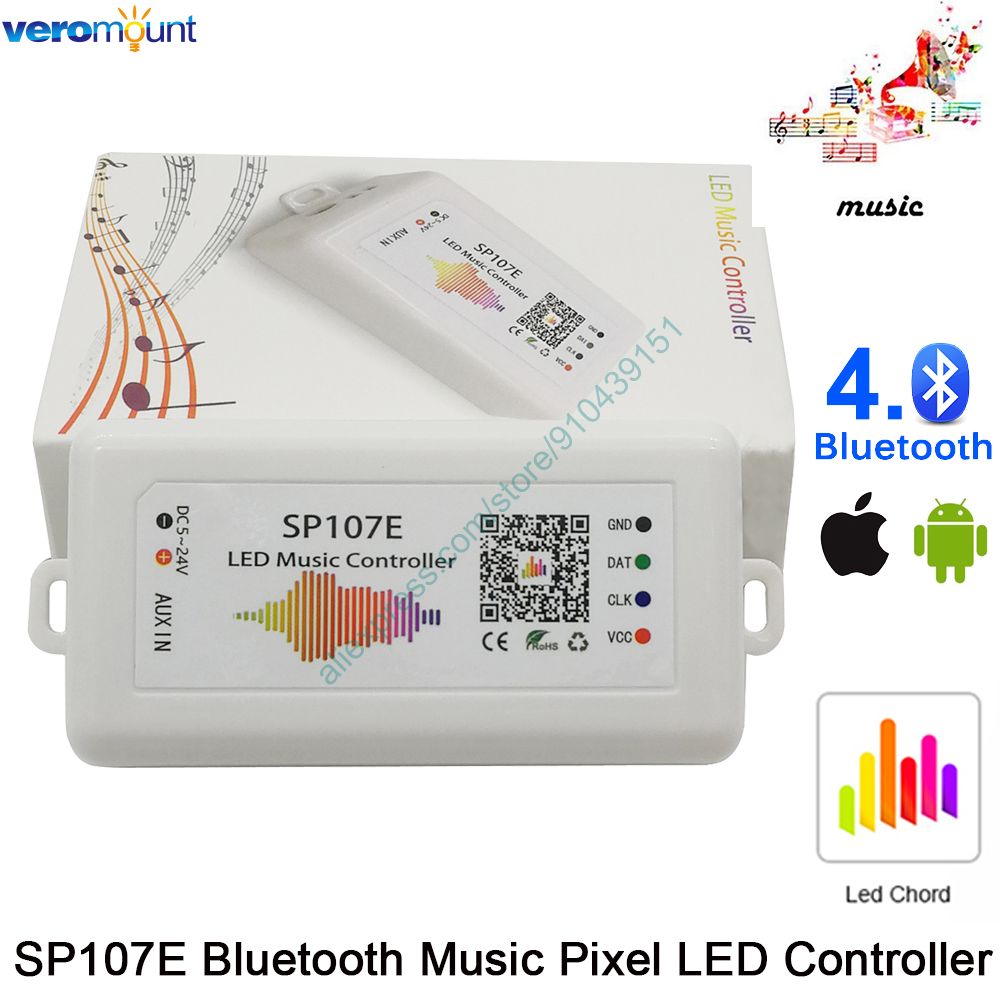 LED Chord SP107E Music LED Controller Bluetooth Andorid iOs APP Control DC5-24V for WS2812 SK6812 Pixel Addressable LED Strip