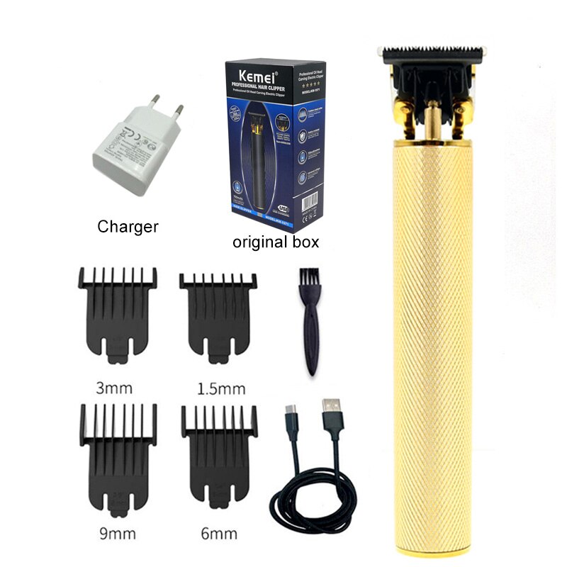 Kemei 1971 Pro Li t-outliner squelette lourd frappeur tondeuse sans fil hommes 0mm tête à baldaquin tondeuse à cheveux finition Machine à couper les cheveux tondeuse kemei 1971: Gold Adapter box
