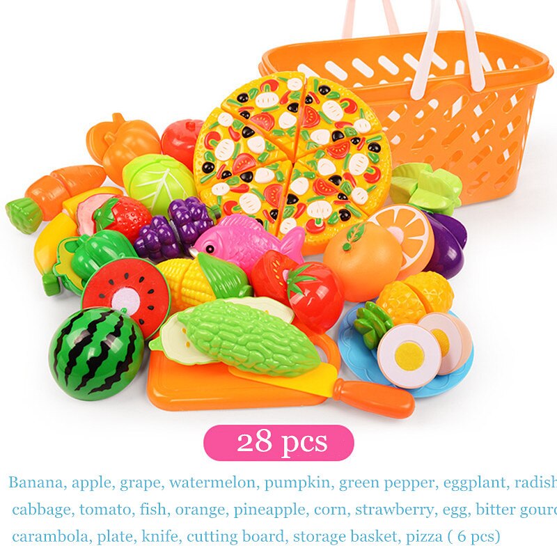 children kitchen toys Plastic fruits and vegetables toys cutting veget fruit toy Pretend Play food pizza kitchen kids toys: 28 PCS