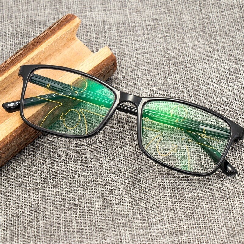 Gafas de lectura progresivas acabadas para hombre, gafas de presbicia fotocromáticas multifocales anti-azules TR, marco completo negro + 150