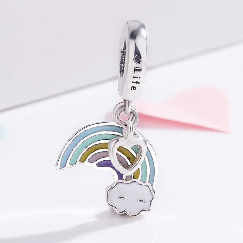 Genuine 925 Sterling Silver Charm Enamel Rainbow Of Love Heart Engraved Life Beads Fit Pan Bracelet & Necklace Jewelry