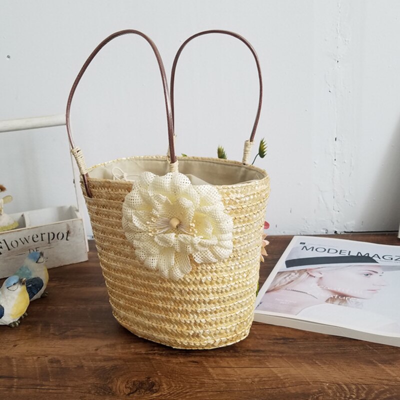 Korean Vintage Style Women Straw Bag Drawstring Beach Tote Bag Artificial Flower Woven Handbag Flower Bags With Rattan Handle