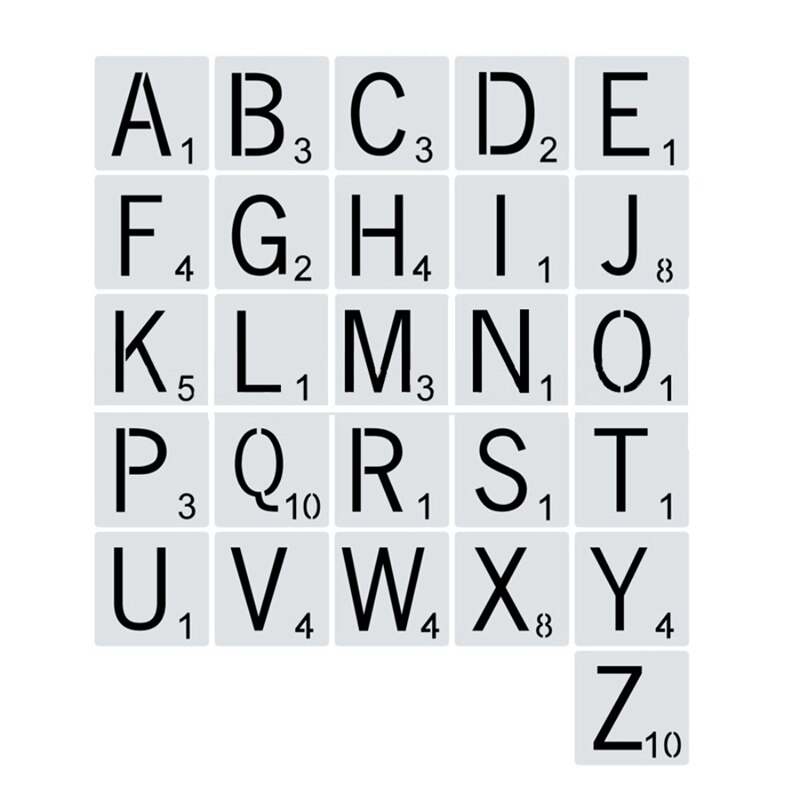 26 stk genanvendelige scrabble bogstaver alfabeter stencils tegner maleri skabeloner til diy håndværk hjem vægdekoration: 10 x 10cm