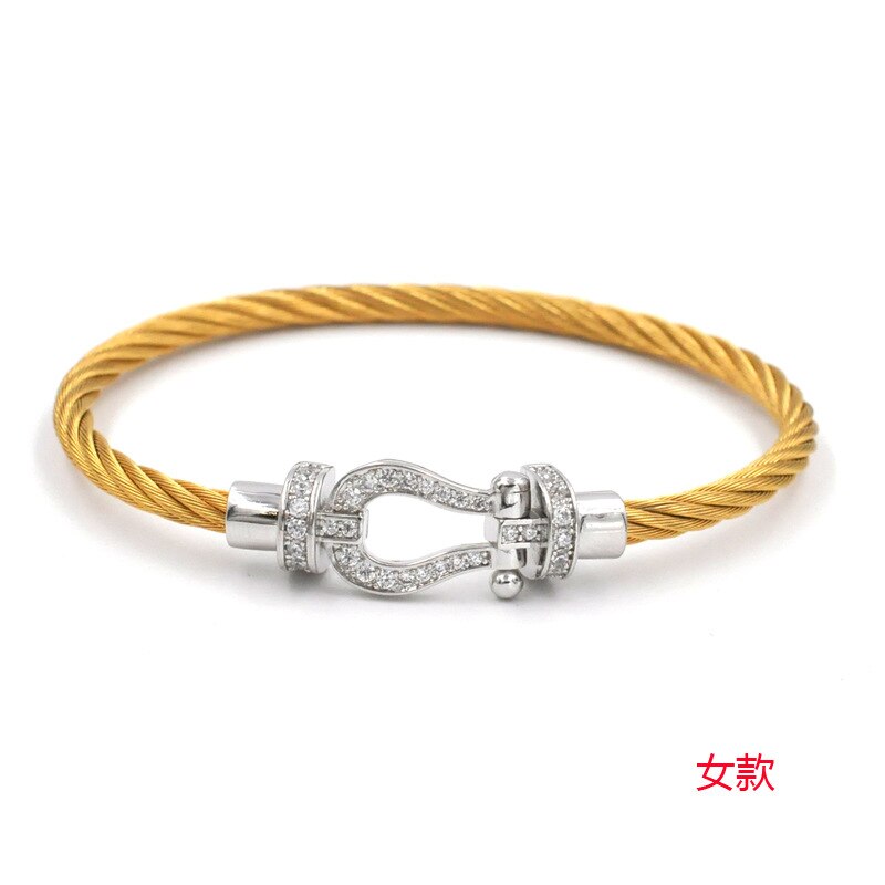 Titanium Steel Wire Rope Magnetic Buckle-encrusted Zircon Bracelet: Gold Silver Women