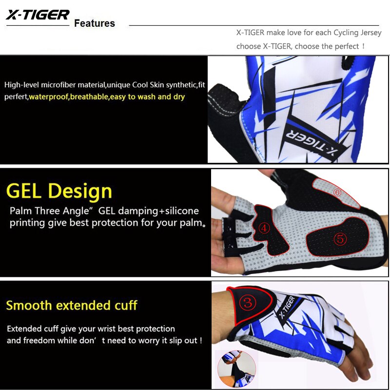 X-tiger fiets handschoenen, halve vinger fiets handschoenen, schokbestendig en ademend, mtb mountainbike handschoenen, heren sport fietskleding