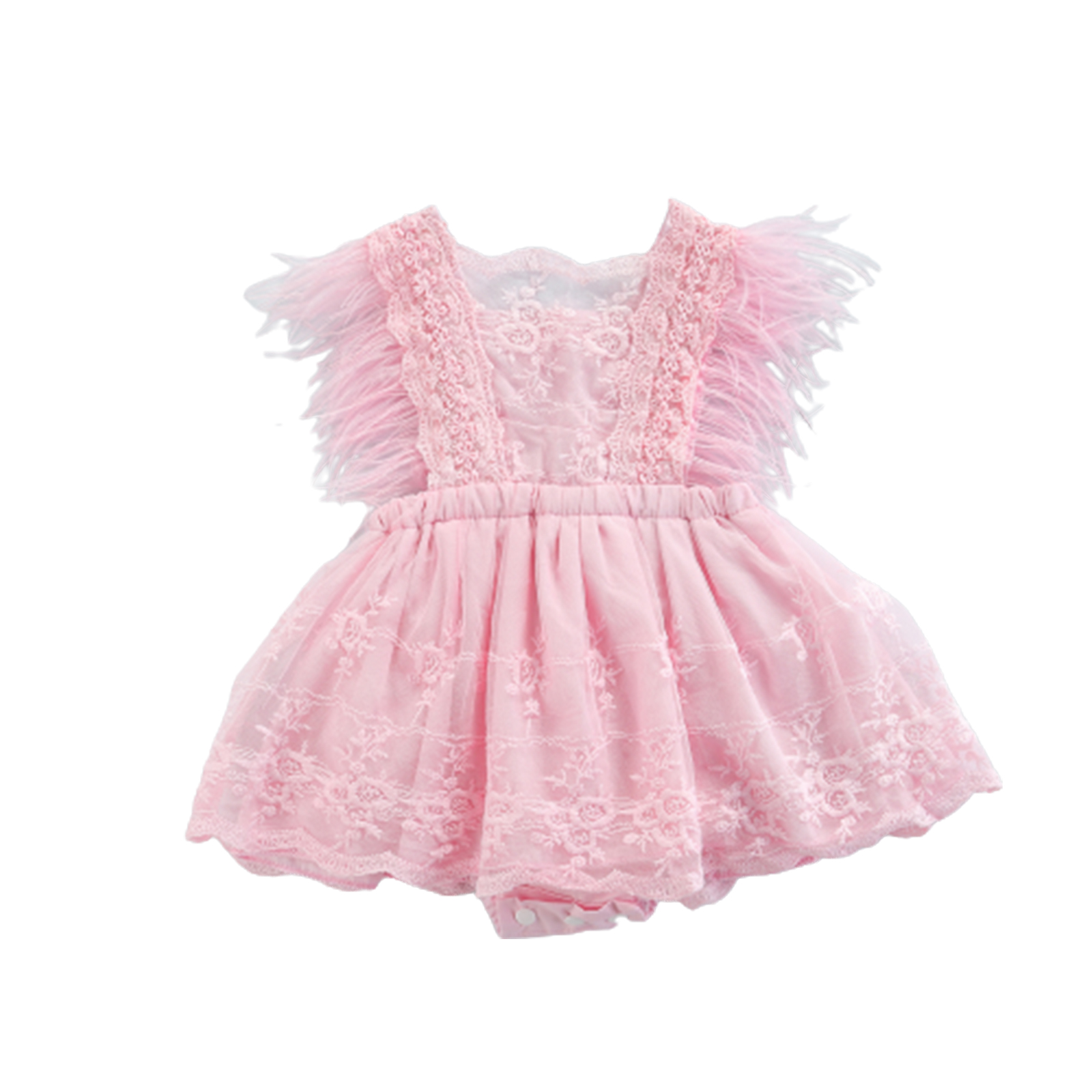 Abito da pagliaccetto senza maniche per bambina abito da Tutu in nappa tinta unita in pizzo floreale estivo abito da principessa in piuma: Colore rosa / 24M